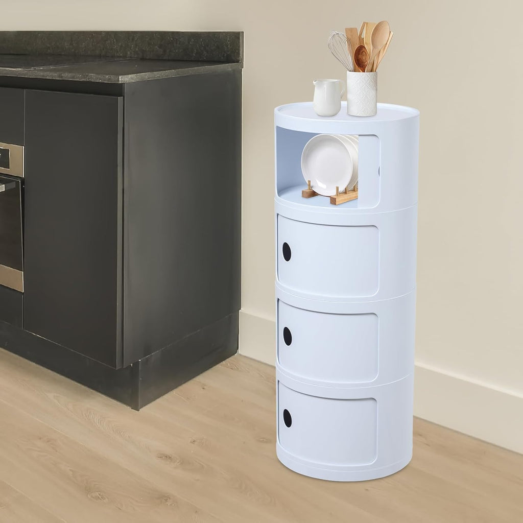 4-Tier Round Nightstand with Storage, Modern White ABS Bedside Table, 40KG Load-Bearing Side Table with Sliding Doors, 12.6"x30" Multifunctional End Table for Bedroom, Living Room, Office