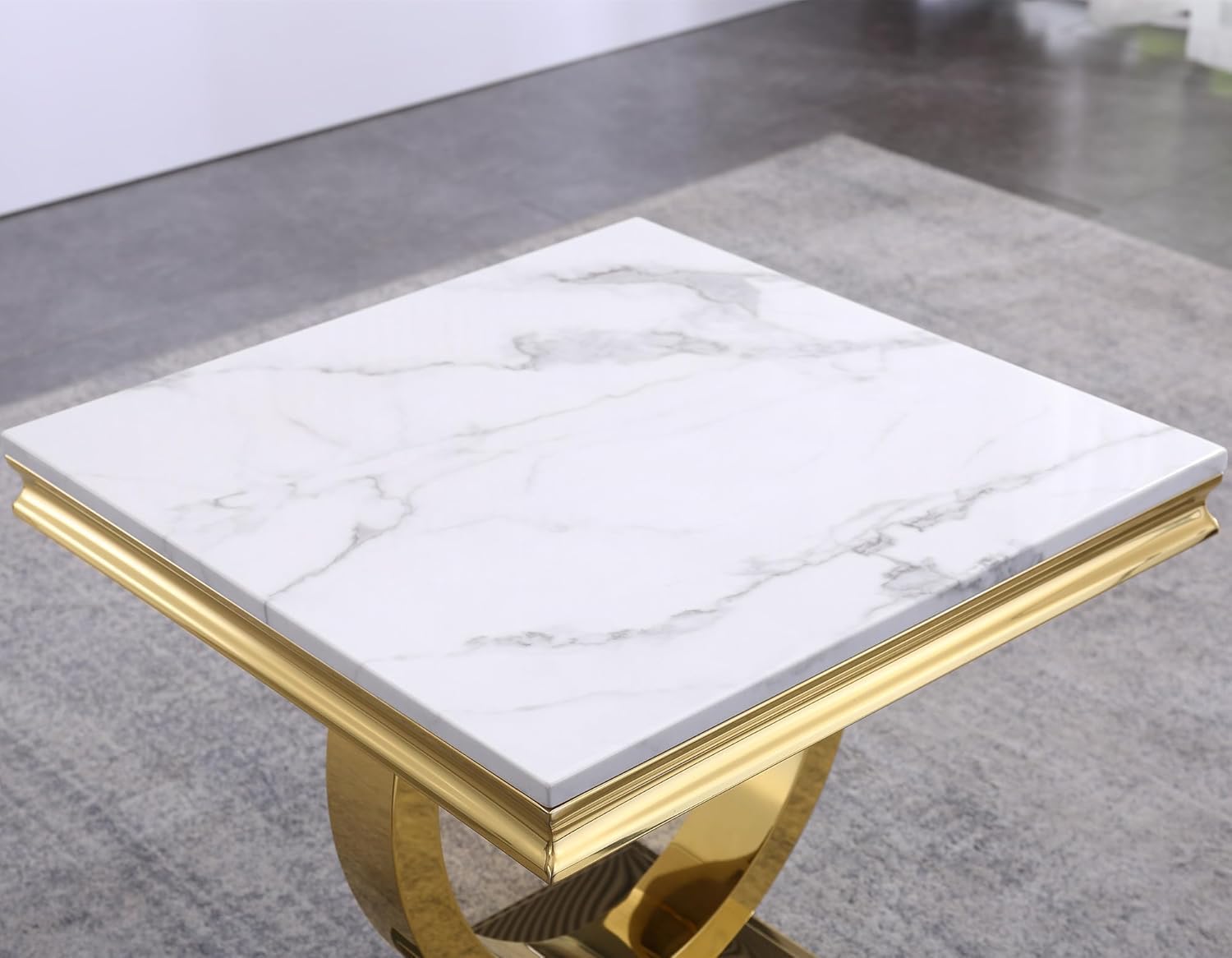 Modern Luxury Faux Marble End Table with Polished Gold Stainless Steel Base Square White Marble Side Table Elegant Small Bedside Table for Living Room Bedroom Office