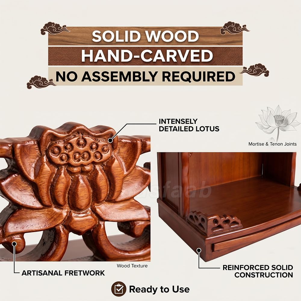 Solid Wood Buddhist Altar Cabinet & Pooja Mandir for Home, 2-in-1 Wall Mounted or Desktop Meditation Shrine Table with Pull-Out Storage Tray, Hand-Carved Buddha Temple (Rosewood, 16.5" H/42cm)