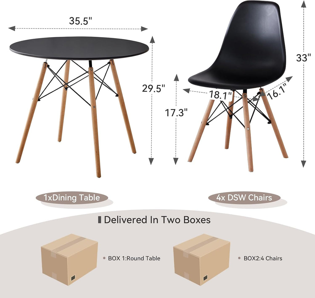 5-Piece 35.5" Round Dining Table Set, Small Kitchen Table Chairs Set of 4 Plastic Seats, Solid Wood Legs, Space Saving Furniture for Living Room Apartment Office Home, Black