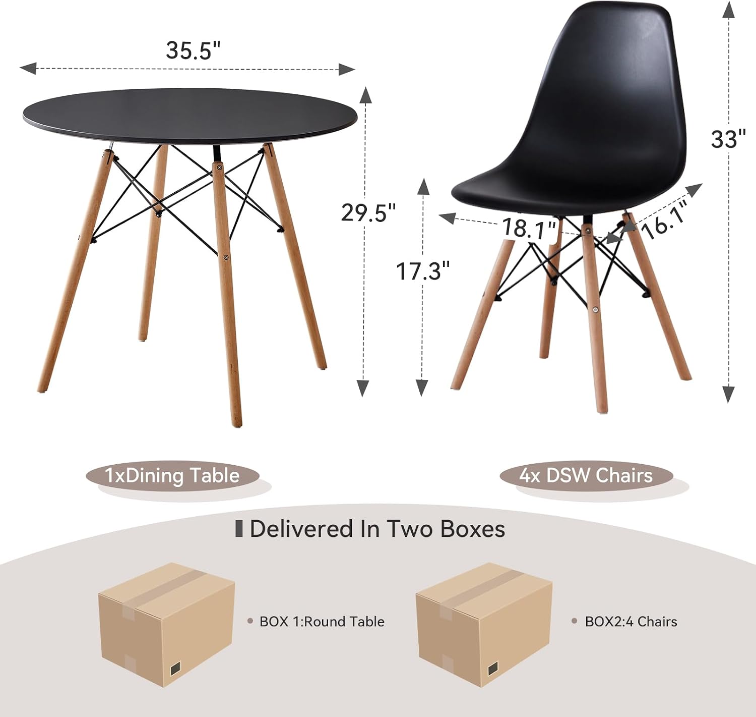 5-Piece 35.5" Round Dining Table Set, Small Kitchen Table Chairs Set of 4 Plastic Seats, Solid Wood Legs, Space Saving Furniture for Living Room Apartment Office Home, Black