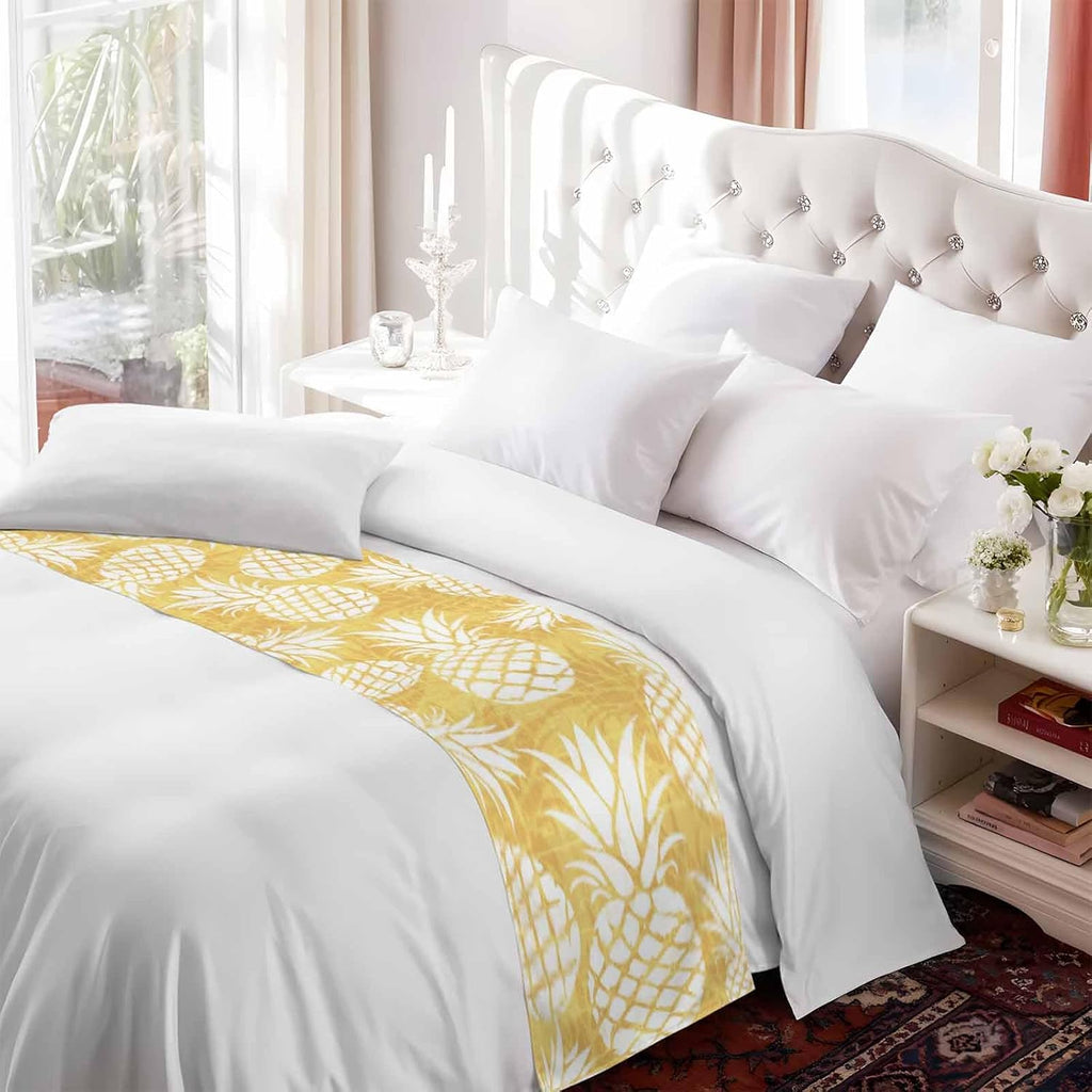 Yellow Pineapple Bed Runner Scarf King Size, Tropical Summer Botanical Fruits Luxury Bed Throw Runners & Scarves for Twin Full Queen King Foot of Beds, Bedroom Hotel Wedding Room Decoration, 94"x20"