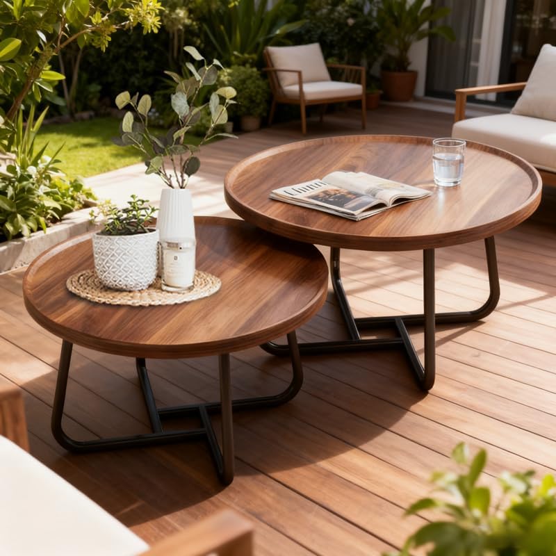 Round Nesting Coffee Table Set of 2, 28" Round Walnut with Fluted,Mid Century Modern,Center for Living Room Bedroom Office Balcony Yard