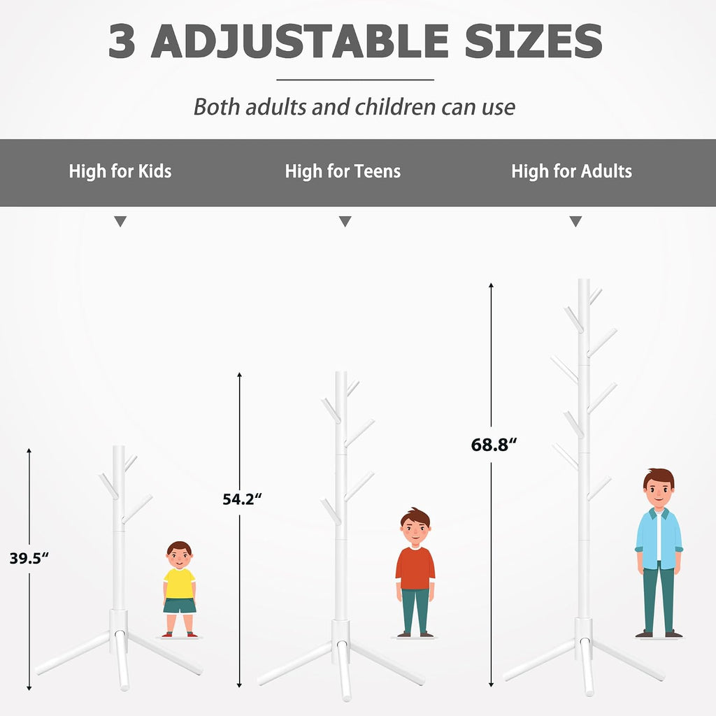 8-Hook Freestanding Coat Rack 3 Adjustable Heights White 2PCS | Easy Tool-Free Setup,Ideal for Entryway Bedroom Hallway Office,Holds Clothes Hats Handbags,Space-Saving Vertical Design