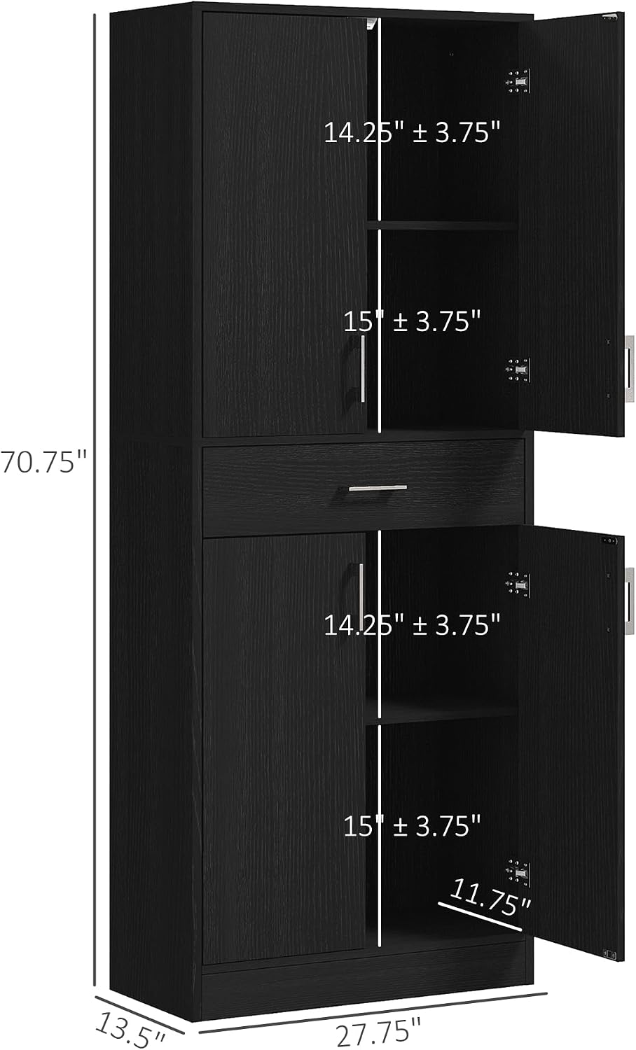 71" Kitchen Pantry, Freestanding Storage Cabinet with Drawer and Adjustable Shelf, 2 Double Door Cupboards, Black, Easy to Maintain, for Dining Room
