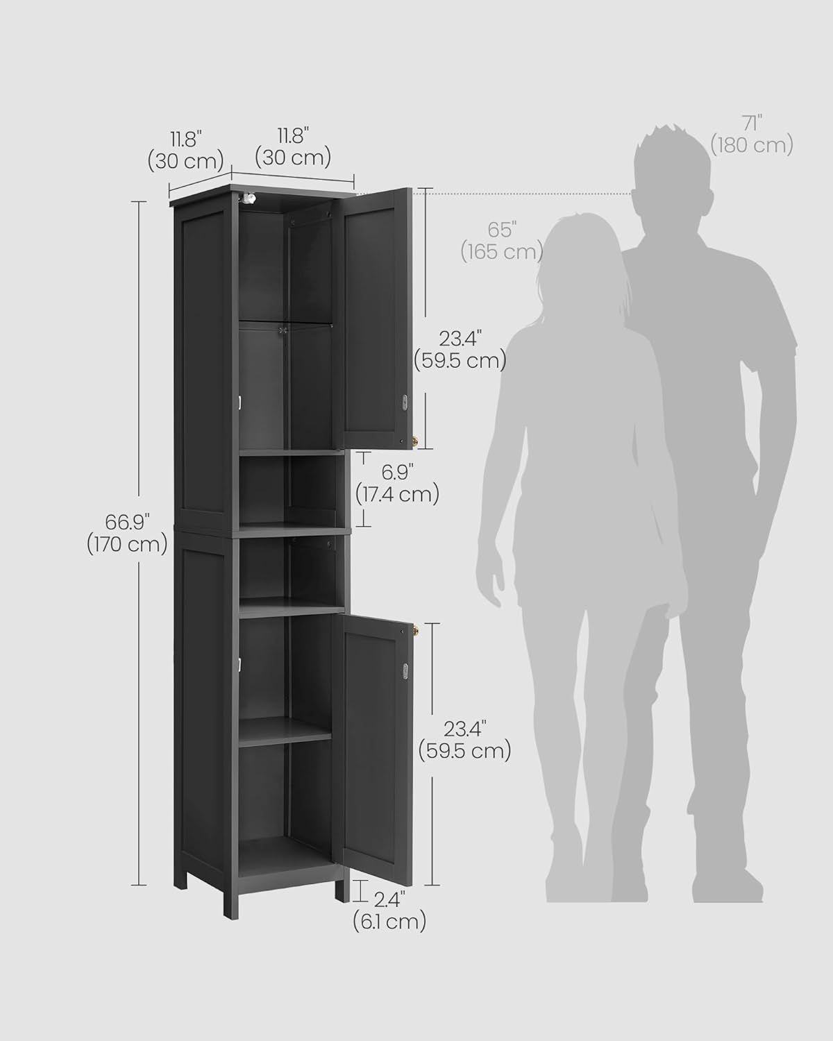 VASAGLE Tall Storage Cabinet with Lights, Slim Freestanding Cabinet with Adjustable Shelves, for Small Spaces, Bathroom, Living Room, Modern, 11.8 Inches Wide, Ink Black UBBK566BC01S