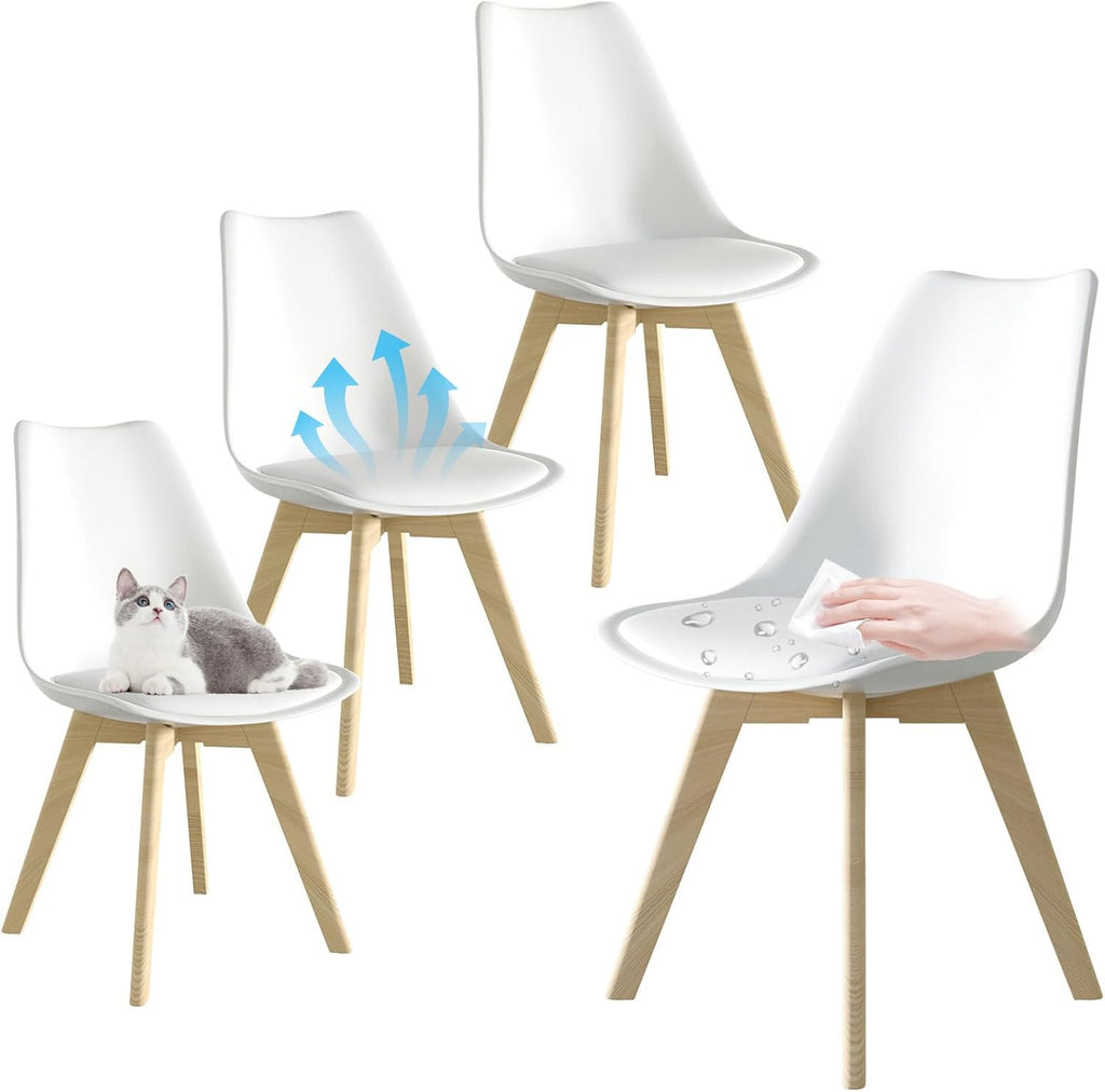 Dining Chairs Set of 4, Mid-Century Modern Kitchen Chairs with Wood Legs and Cushion, Leather Dining Chairs Set for Living Room, Kitchen, Outdoor Lounge, White 4 Pack