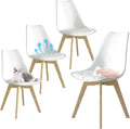 Dining Chairs Set of 4, Mid-Century Modern Kitchen Chairs with Wood Legs and Cushion, Leather Dining Chairs Set for Living Room, Kitchen, Outdoor Lounge, White 4 Pack