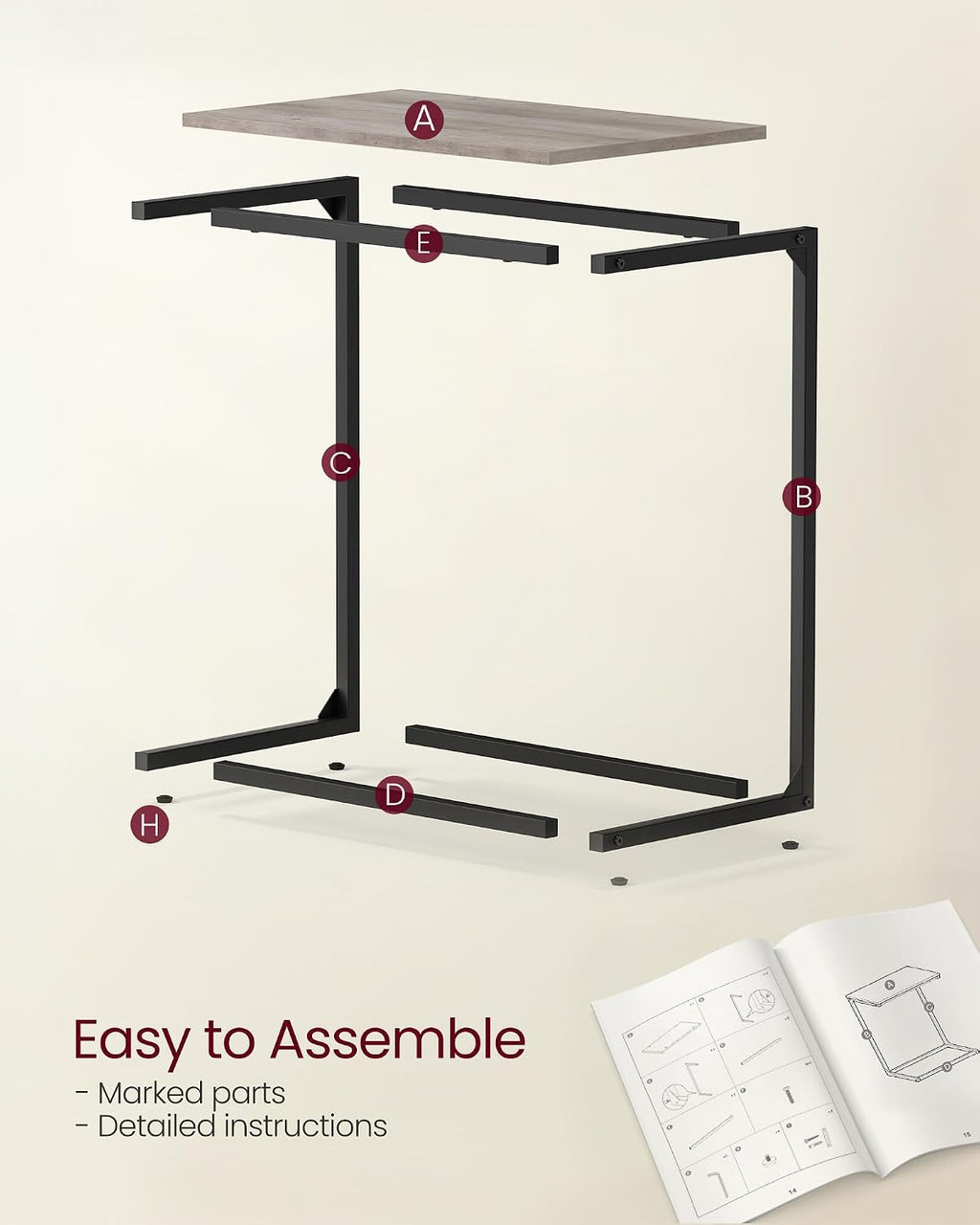 VASAGLE C Shape End Table, Small Coffee Table For Couch Or Sofa, Industrial Side Table In Living Room, Bedroom, 13.8 x 21.7 x 26 Inches, Greige and Classic Black ULNT052B02 | TV Tray, Small Coffee Table in Living Room, Bedroom, 13.8 x 21.7 x 26 Inches
