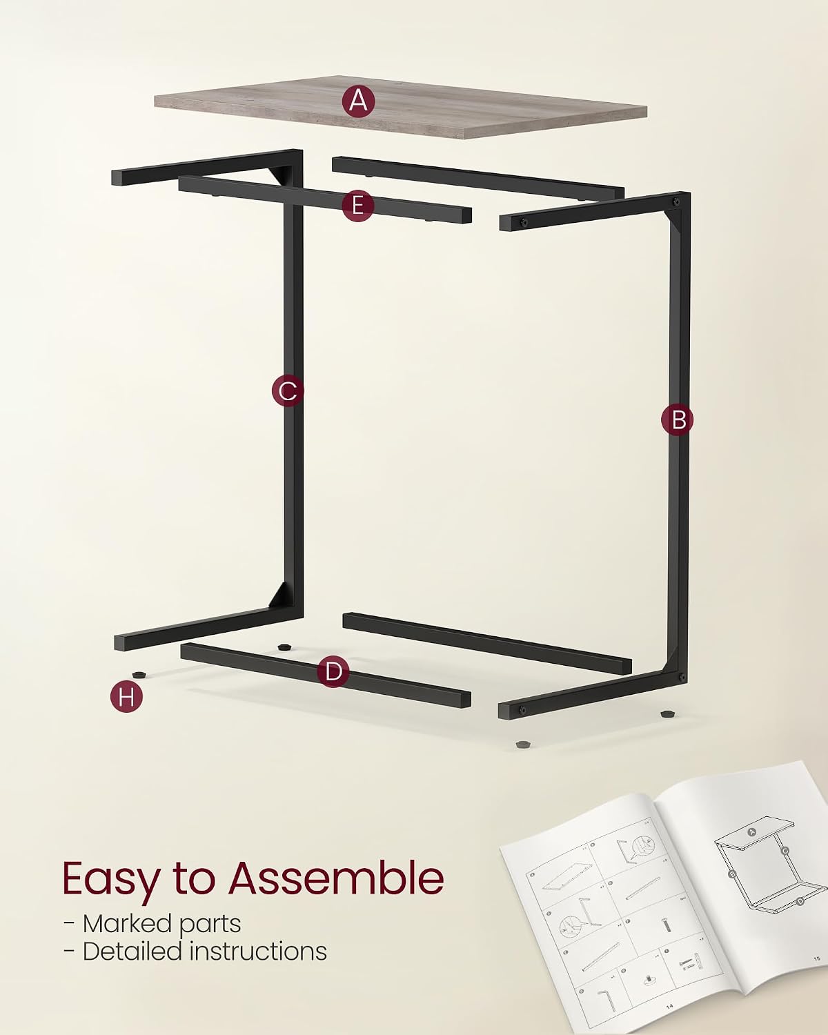 VASAGLE C Shape End Table, Small Coffee Table For Couch Or Sofa, Industrial Side Table In Living Room, Bedroom, 13.8 x 21.7 x 26 Inches, Greige and Classic Black ULNT052B02 | TV Tray, Small Coffee Table in Living Room, Bedroom, 13.8 x 21.7 x 26 Inches
