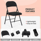 6 Pack Folding Chairs, Fabric Dining Chair Set with Padded Cushion and Back, Indoor Outdoor Seat for Home Office, Parties, Events, Wedding, Extra Guest Seating, Obsidian Black
