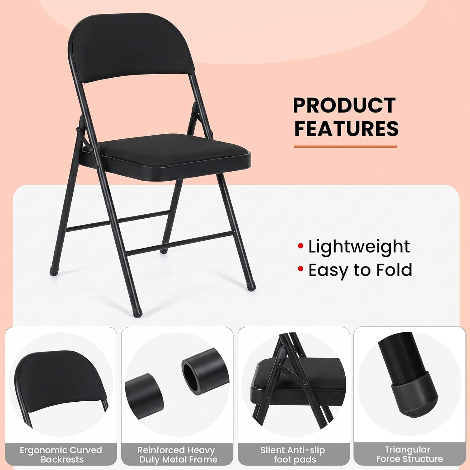 18 Pack Folding Chairs, Fabric Dining Chair Set with Padded Cushion and Back, Indoor Outdoor Seat for Home Office, Parties, Events, Wedding, Extra Guest Seating, Obsidian Black