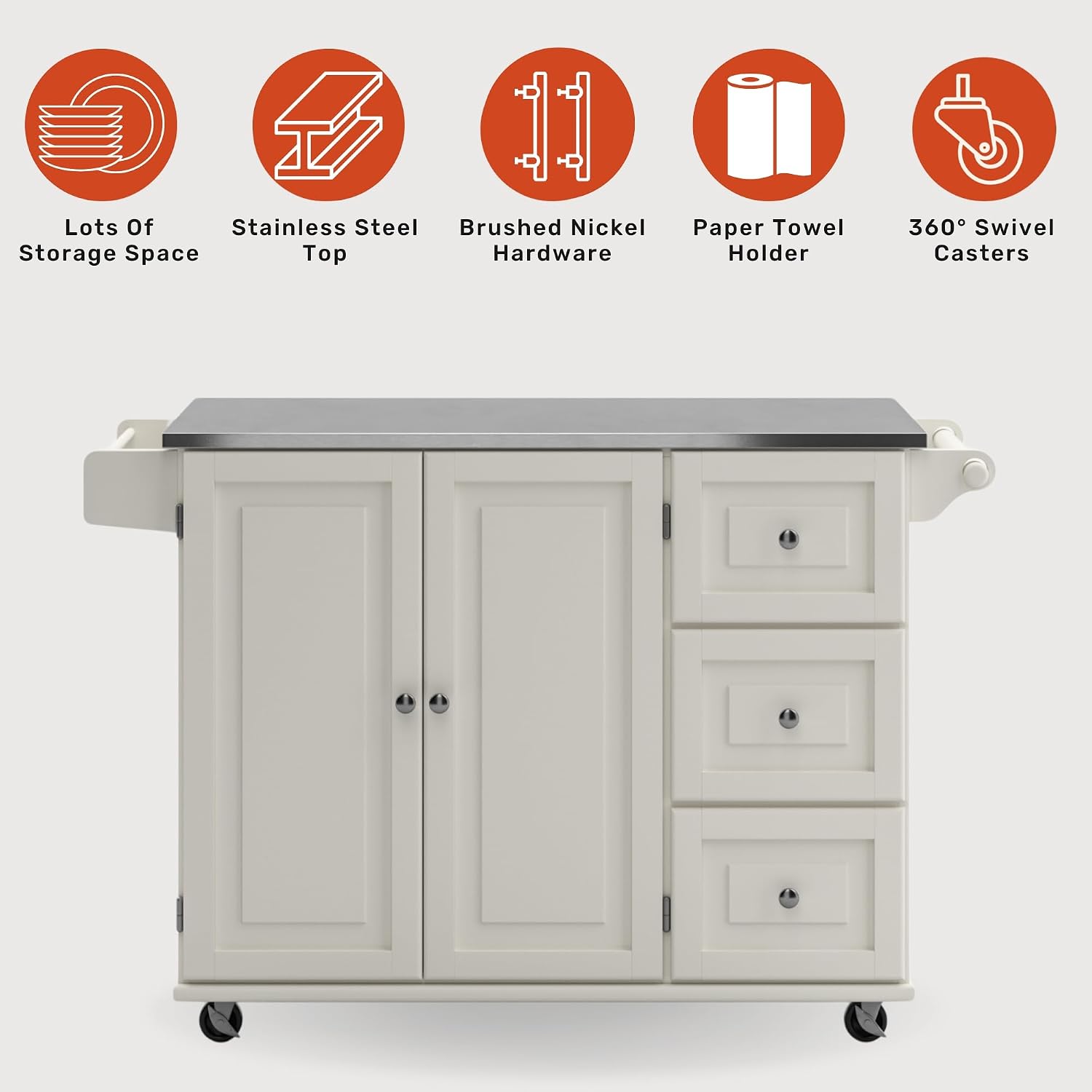 53.5" Kitchen Island Cart with Storage, Rolling Kitchen Cart on Wheels with Stainless Steel Top, Mobile Prep Station with Drawers, Cabinets, Adjustable Shelves & Towel Rack, Solid Wood, Off White