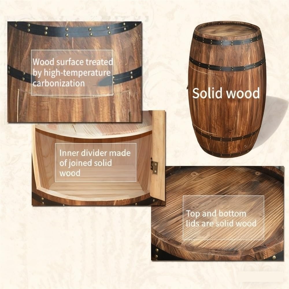 Wooden Barrel Table, Freestanding Whiskey Cabinet with Storage Shelves, Rustic Wine Barrel Decor for Home Bar(19.7x15in)