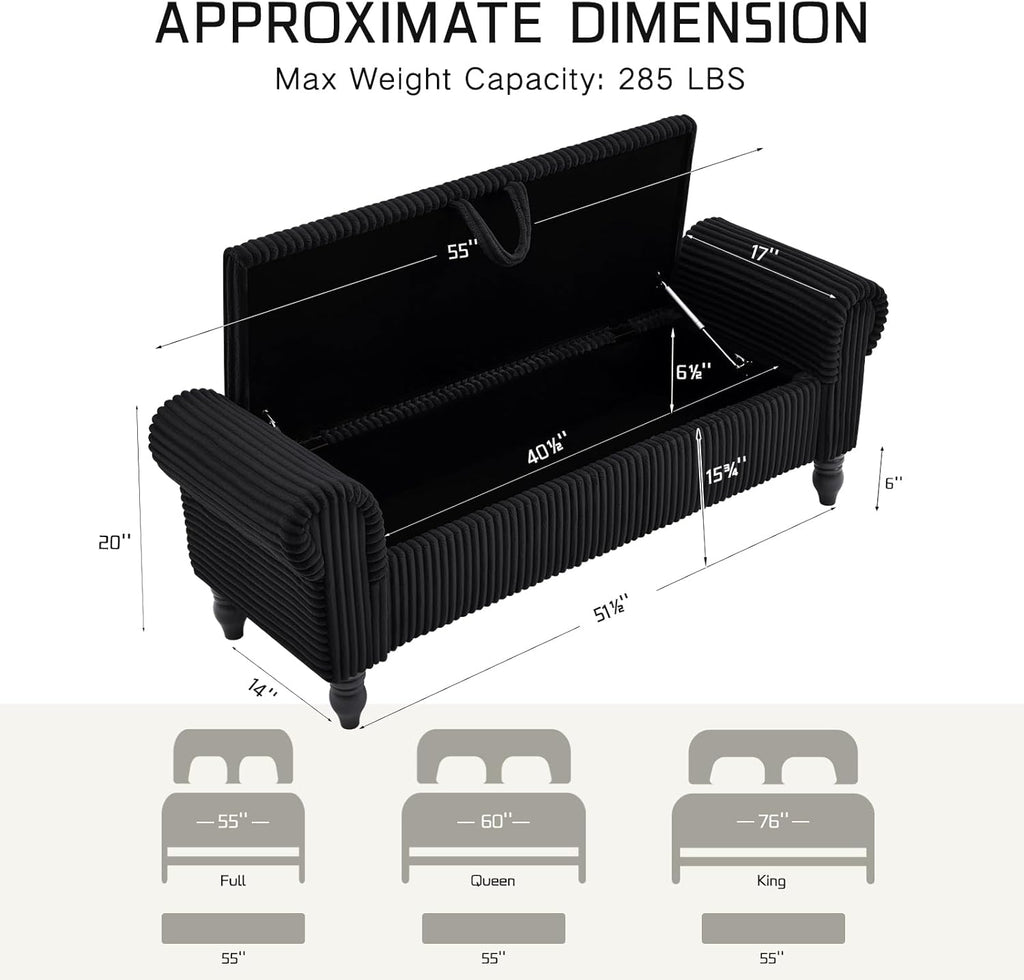 Storage Bedroom Bench for End of Bed, Storage Ottoman with Rolled Arms for Bedroom, Living Room, Entryway (Black)