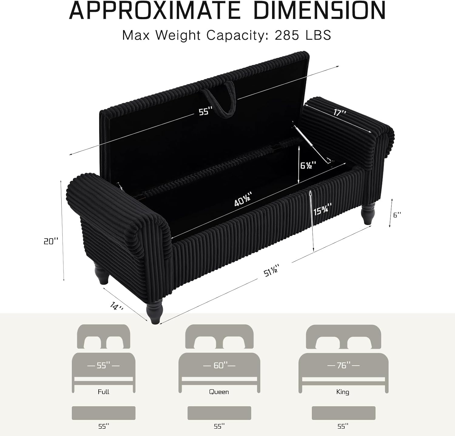Storage Bedroom Bench for End of Bed, Storage Ottoman with Rolled Arms for Bedroom, Living Room, Entryway (Black)