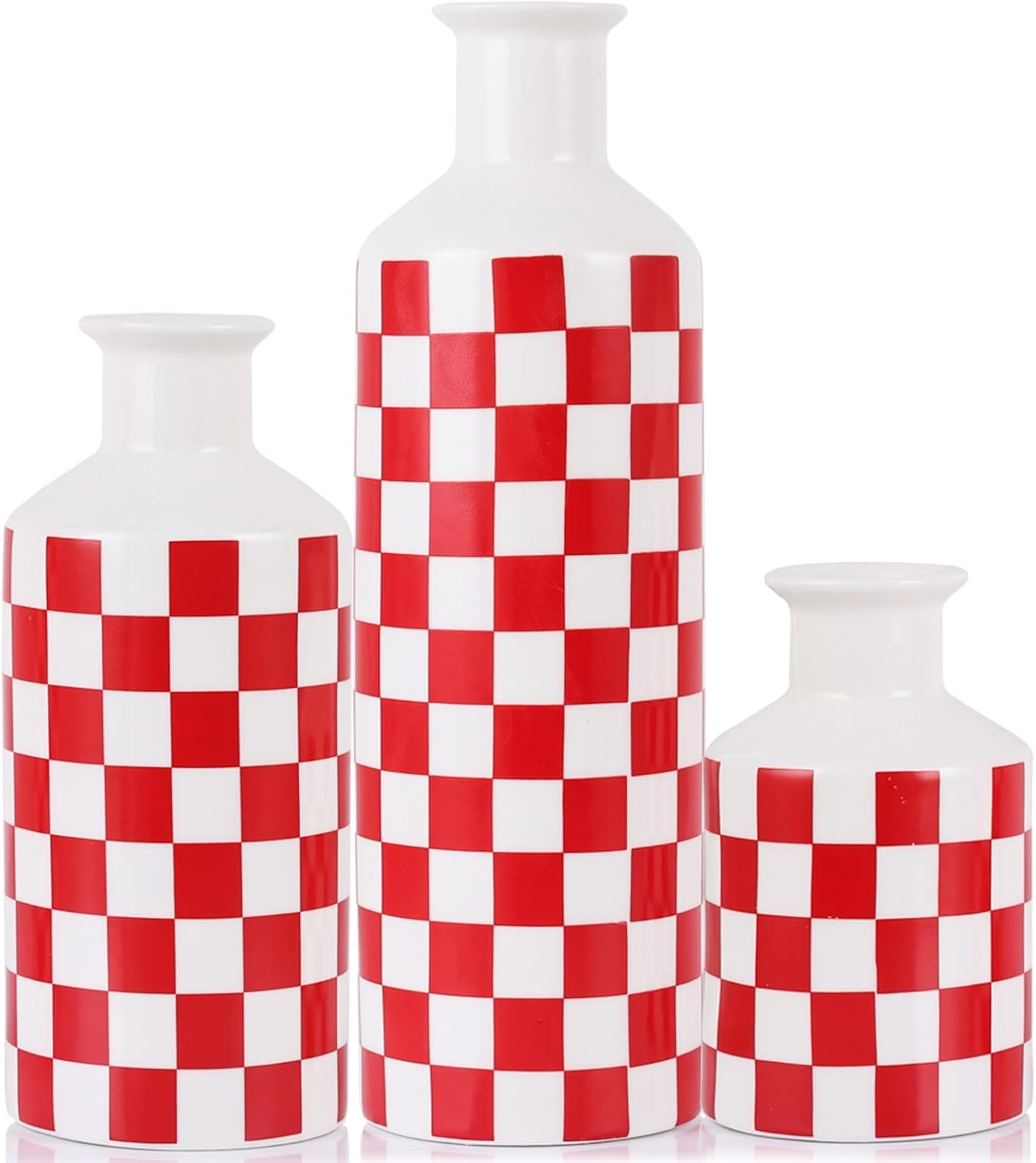 Ceramic Checkered Decorative Vase Set of 3,Black and White Porcelain Accent Vases with Varying Heights,Modern Minimalist Home Decor for Living Room,Shelf,Table,Farmhouse Style Gift (Red)