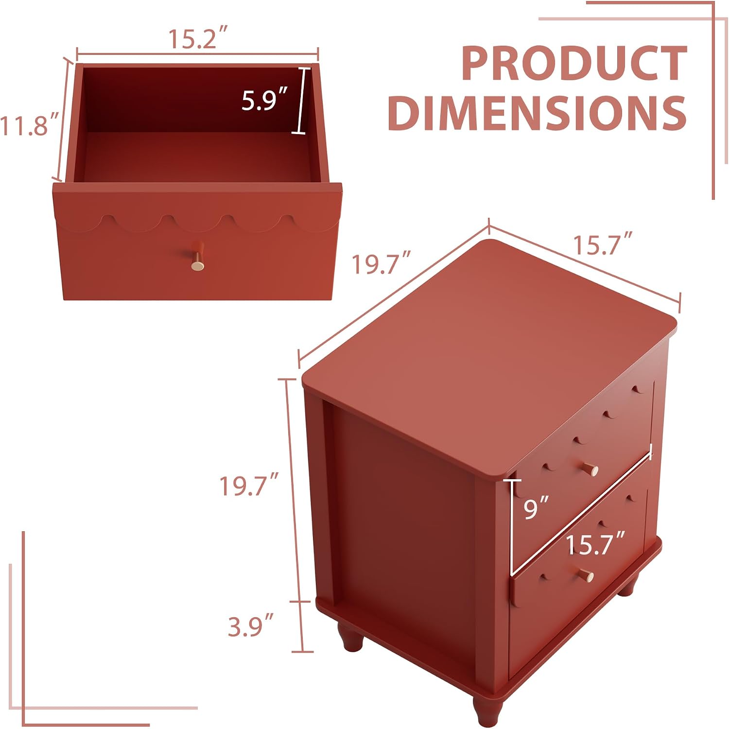 Anbuy Red Nightstand with Petal Pattern, Modern Night Stand with 2 Drawers for Bedroom, Side End Table Scalloped Bedside Night Tables with Solid Wood Legs