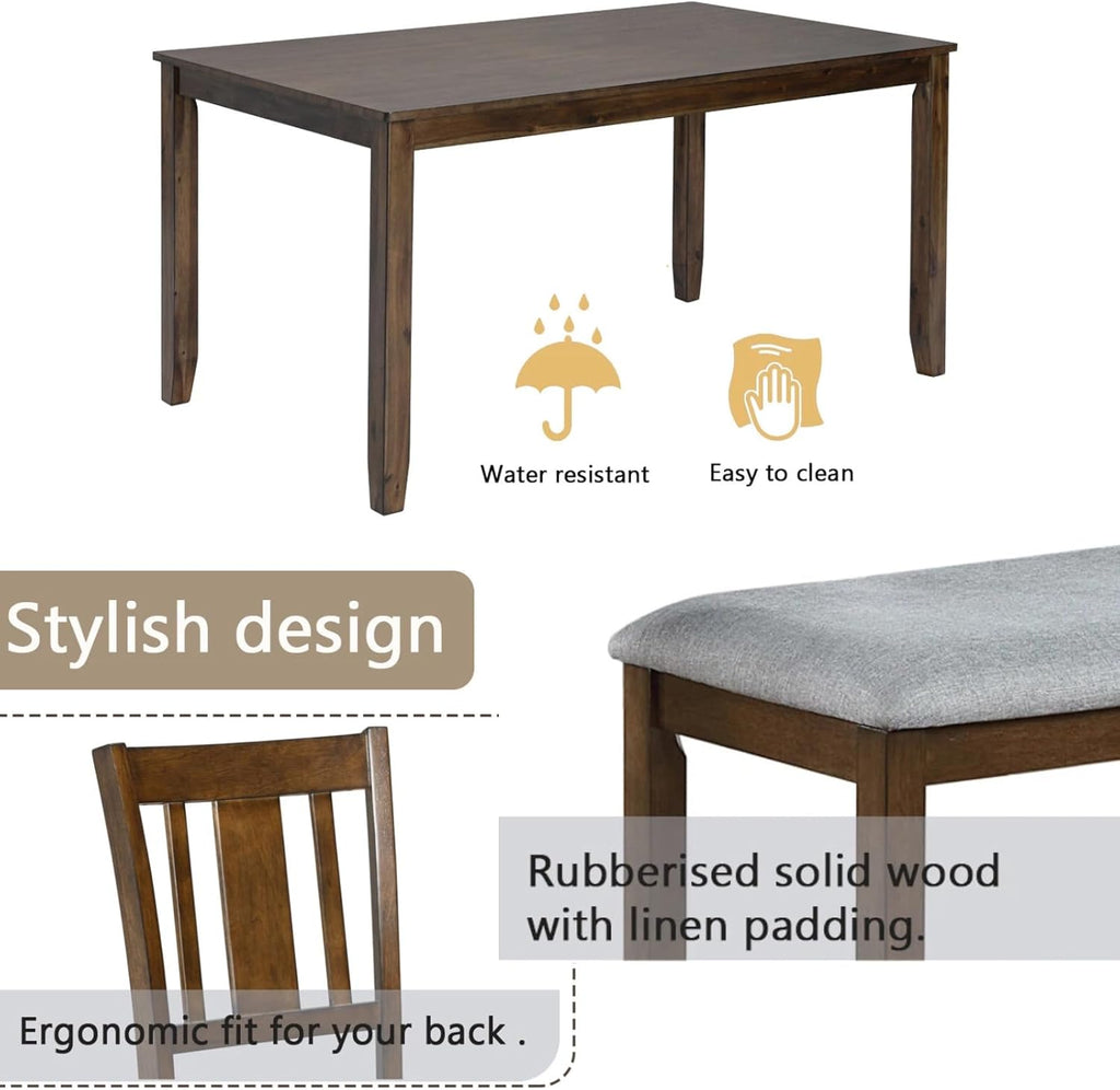 6-Piece Dining Table Set for 6, Counter Height Kitchen Set with Rectangular Wooden Table, Bench & 4 Chairs, Living Room Chairs with Comfortable Seating, Dining Table & Chair for Home, Walnut