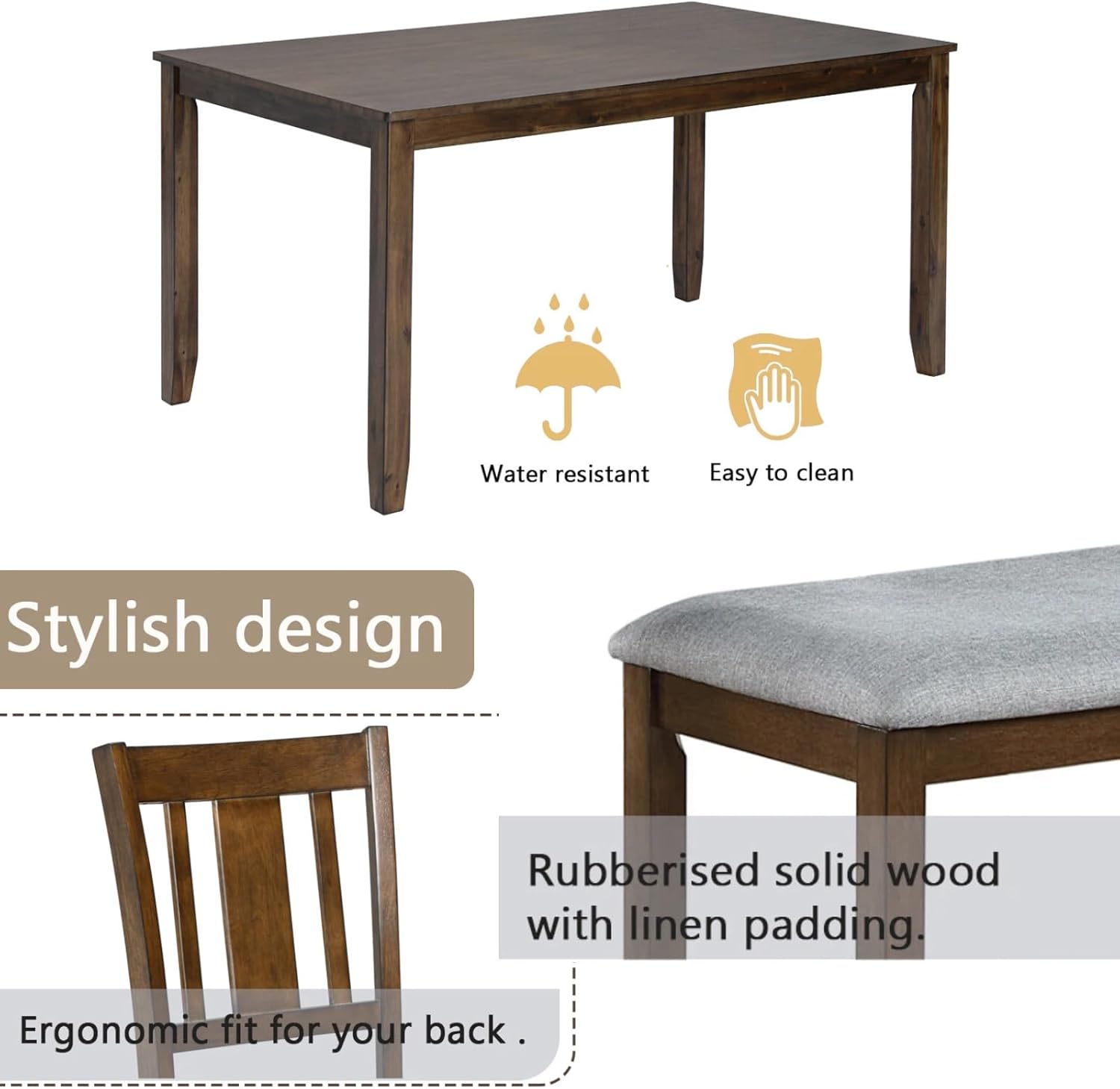 6-Piece Dining Table Set for 6, Counter Height Kitchen Set with Rectangular Wooden Table, Bench & 4 Chairs, Living Room Chairs with Comfortable Seating, Dining Table & Chair for Home, Walnut