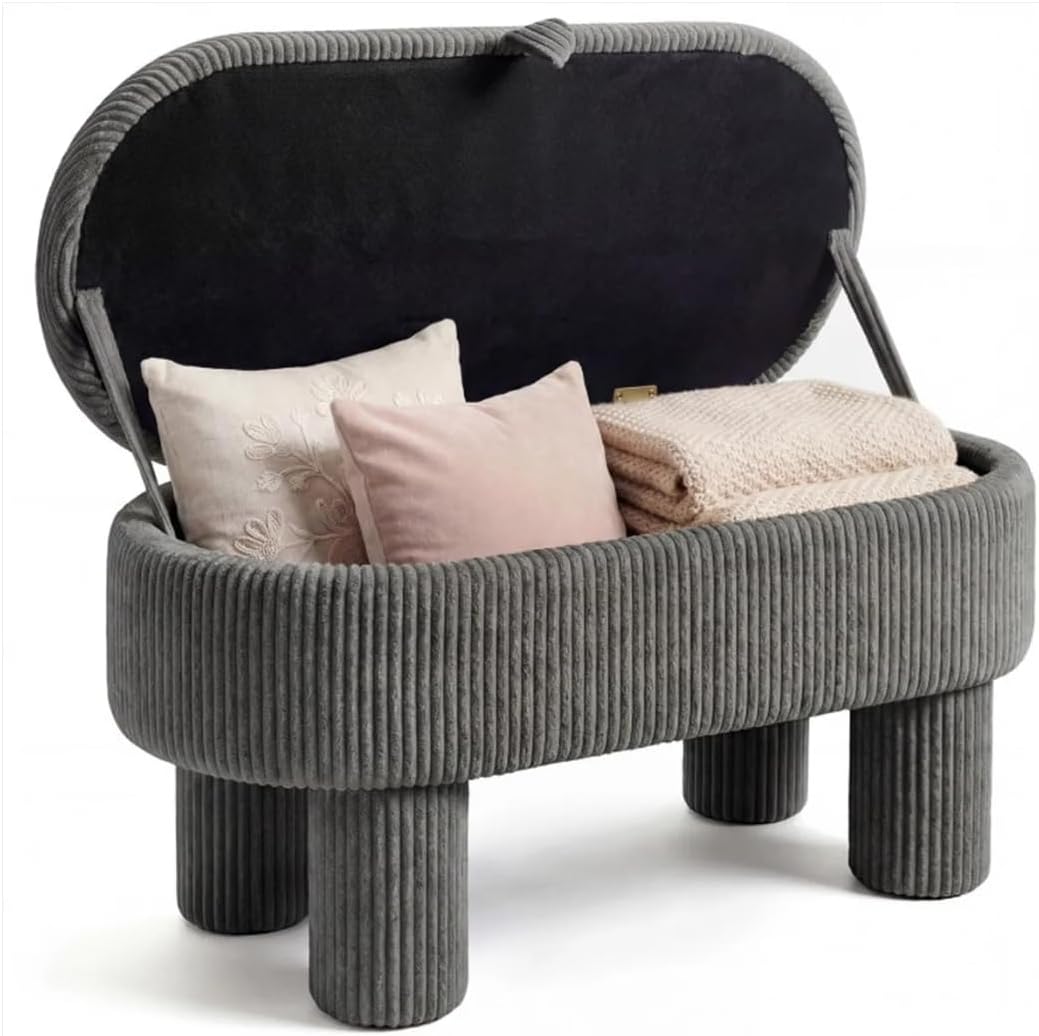Gray 42 Inch Corduroy Storage Bench, Plush Foam Cushion, Hidden Compartment, 400LBS Weight Capacity