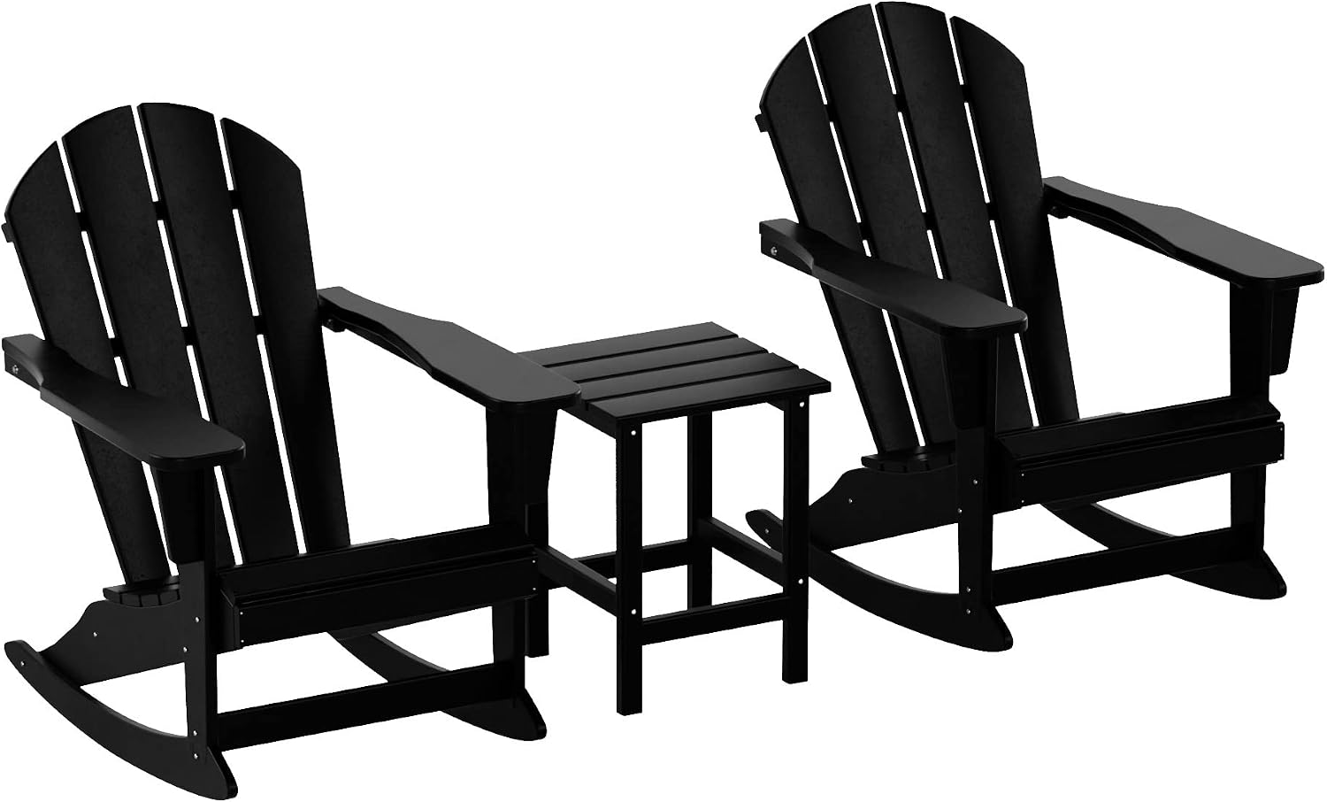 HDPE Laguna Outdoor Rocking Poly Adirondack Chair with Side Table 3-Piece Set, Black
