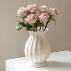 White Vase, Modern Ceramic Flower Vase for Home Décor, Wavy Edge Ribbed Design Pedestal Vases, Minimalism Flared Vases for Living Room Table Centerpieces (7.5" H x 4.5" W)