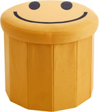 Heritage Kids Smiley Face Storage Ottoman,Collapsible Round Storage Stool with Lid, Soft Padded Seat, Fun Emoji Design for Kids Room, Bedroom, or Living Room,Yellow