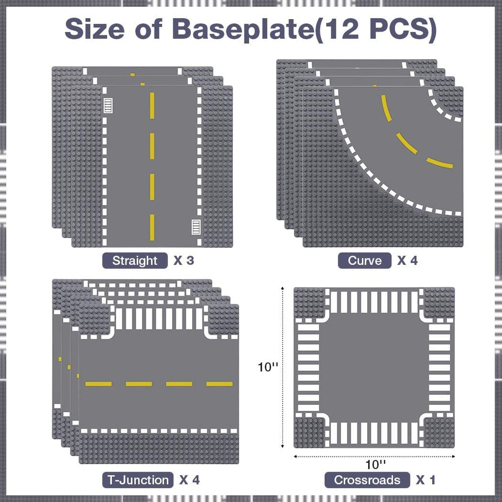 Lekebaby 12 Pack Road Base Plates 10x10 City Street Baseplates, 4 Curve / 4 T Junction / 3 Straight / 1 Junction, Compatible with Major Brands