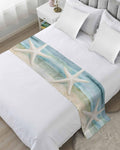 Bed Runner for Twin Size, Coastal Beach Decorative Scarf Throws for Foot of Bed, Summer Retro Starfish Wave Luxury Bedding Protector Slipcover Beds Runners for Hotel/Home, 71 x 20 Inch