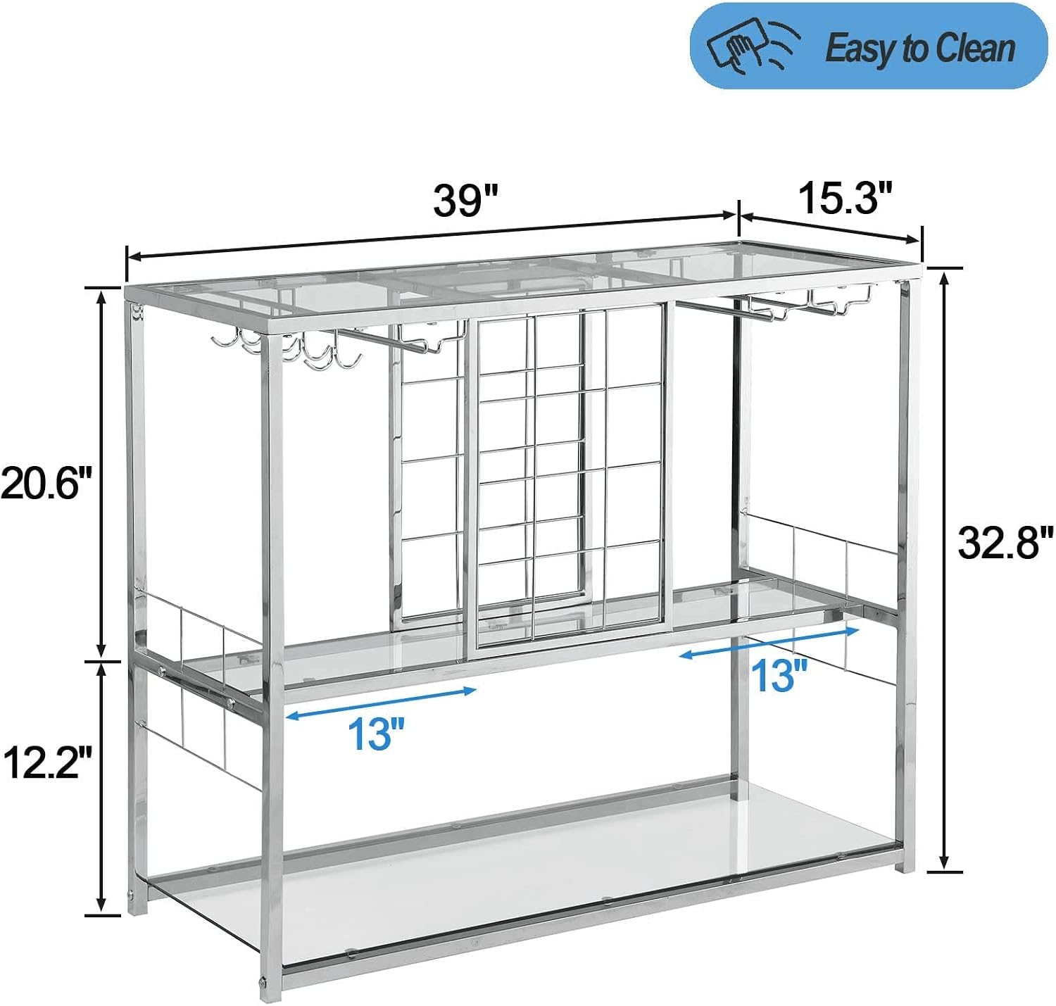 ASYA Wine Rack Table with Glass Holder, 3-Tier with Temered Glass Shelves, Modern Liquor Cabinet with Storage for Wine Bar, Living Room, Kitchen and Dining Room (Silver Finish)