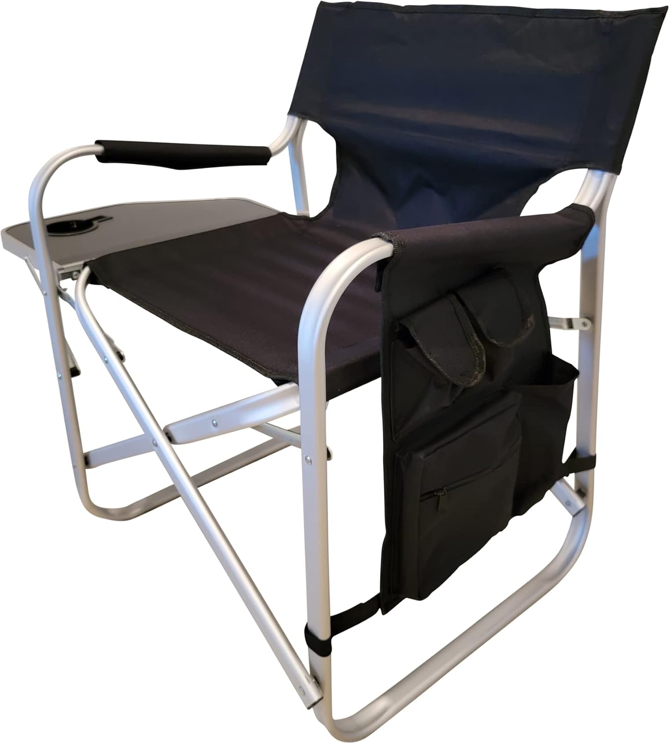 Folding Directors Chair Foldable Chair with Side Table and Cup Holder XL Comfort Design (Black)