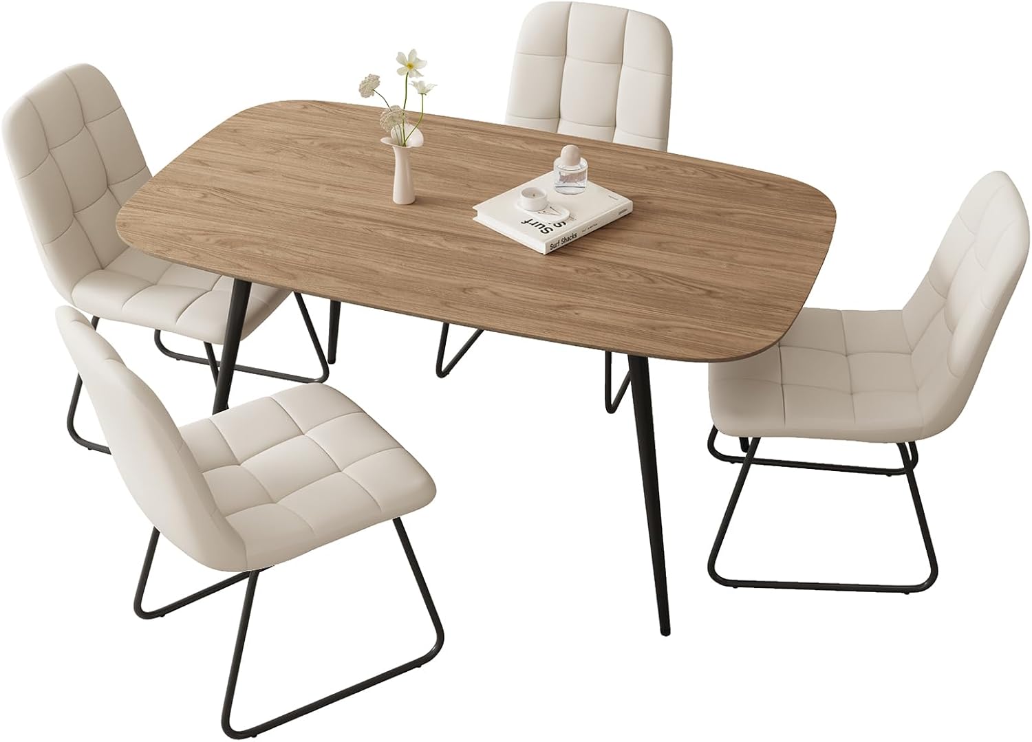 HIPIHOM 47.2'' Dining Table Set for 4,Modern Wood Dining Table,Leather Dining Chairs 4,Table and Chairs Set of 4,Ideal for Kitchen Dining Room (Walnut Color Table + 4 U-Shaped White Chairs, 47.2")