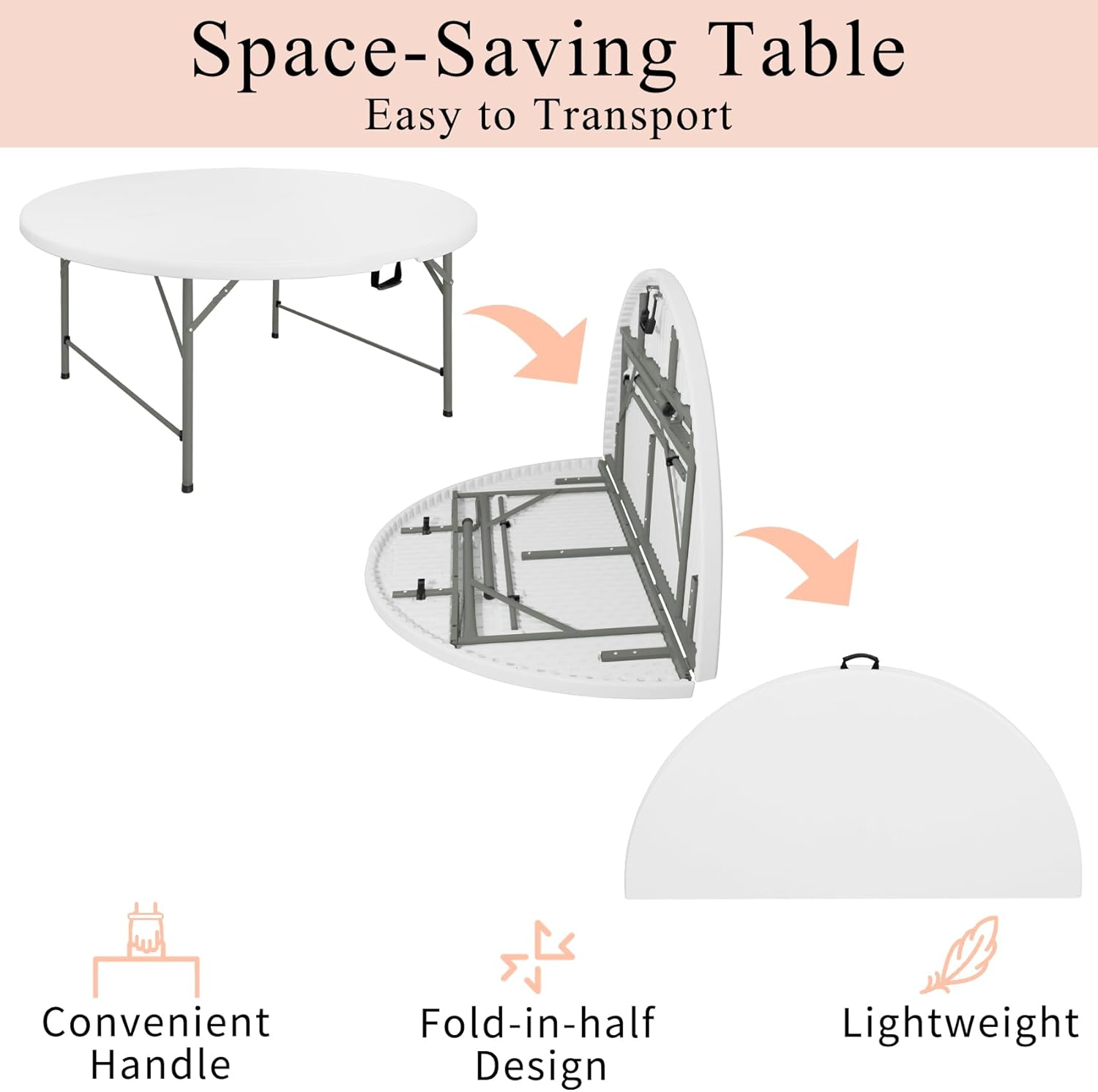 5 FT Round Folding Tables with Carrying Handle 60 inch Heavy Duty Portable Plastic Commercial Table Steel Legs for Party, Dining, Wedding, Events, Picnic Indoor, Outdoor (White,1 Pack)