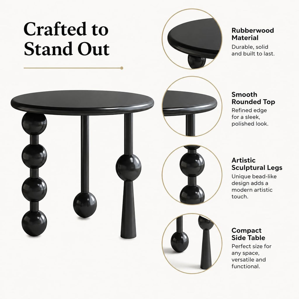 Modern Round Side Table for Living Room, 19.69" Solid Wood Side Table, Sofa Side Bedside Table with Funny Wood Globe Legs, Round Coffee End Table,(Black)