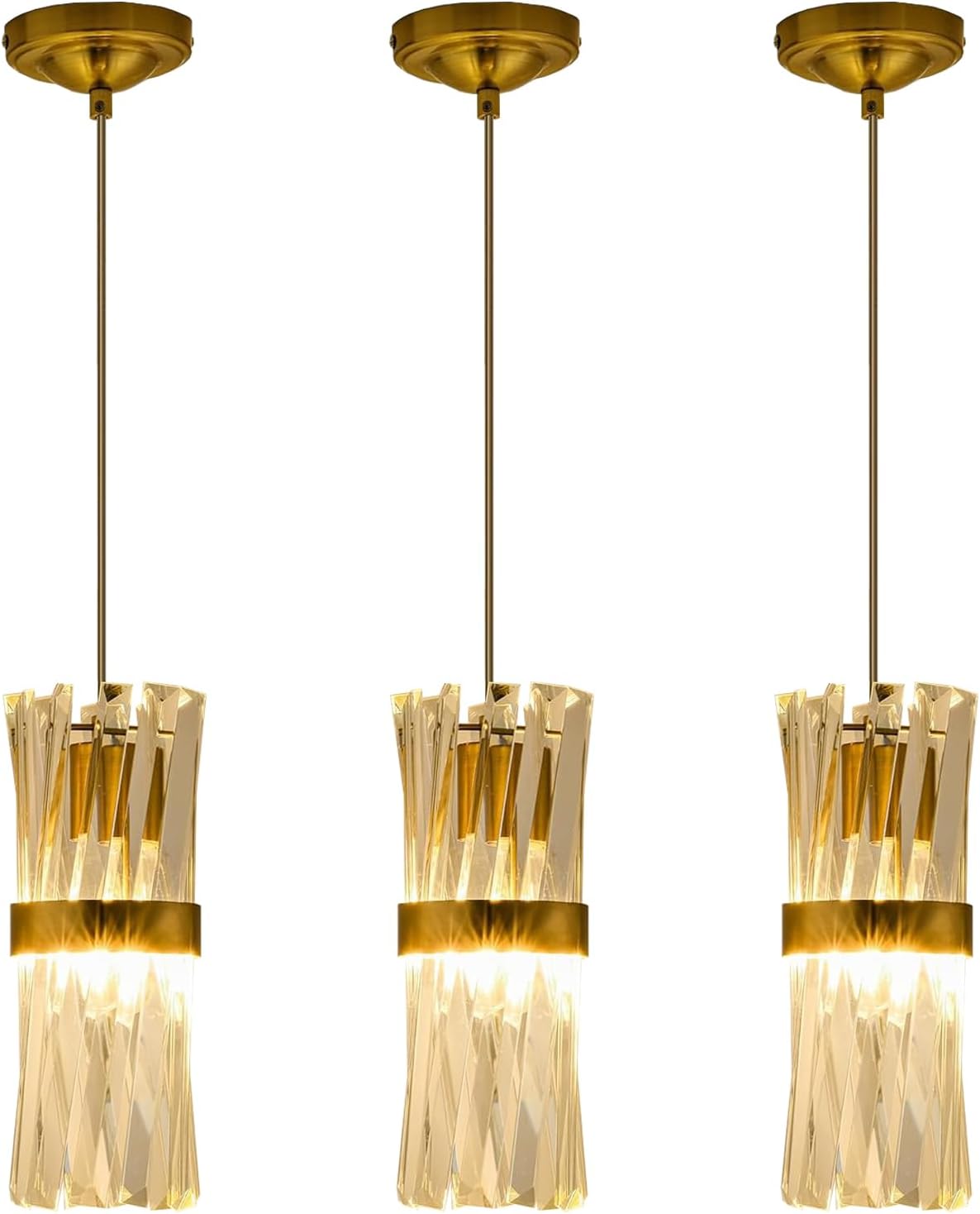 Ken & Ricky Pendant Lights Kitchen Island Gold 3 Pack,Crystal Pendant Lighting Over Island,Modern Pendant Light Fixtures for Dining Room Bedroom Bathroom Livingroom