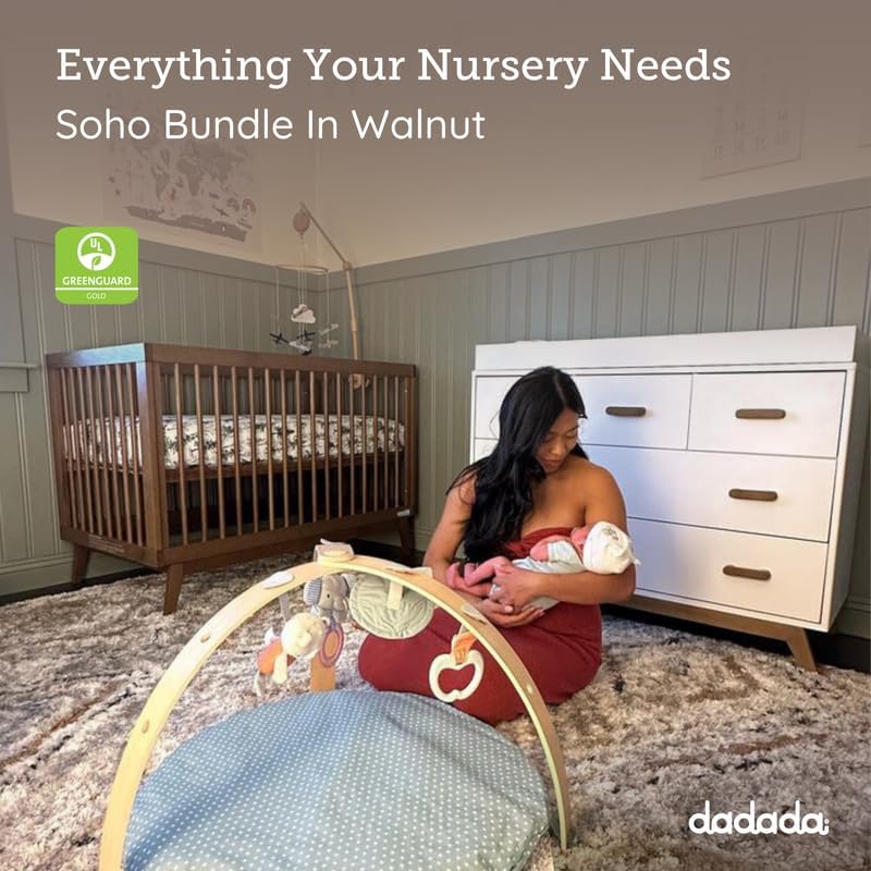 dadada Soho Baby Nursery Furniture Set, Baby Crib and Dresser Set Combo, Soho 3-in-1 Convertible Crib and Matching 5 Drawer Dresser, Walnut Beechwood