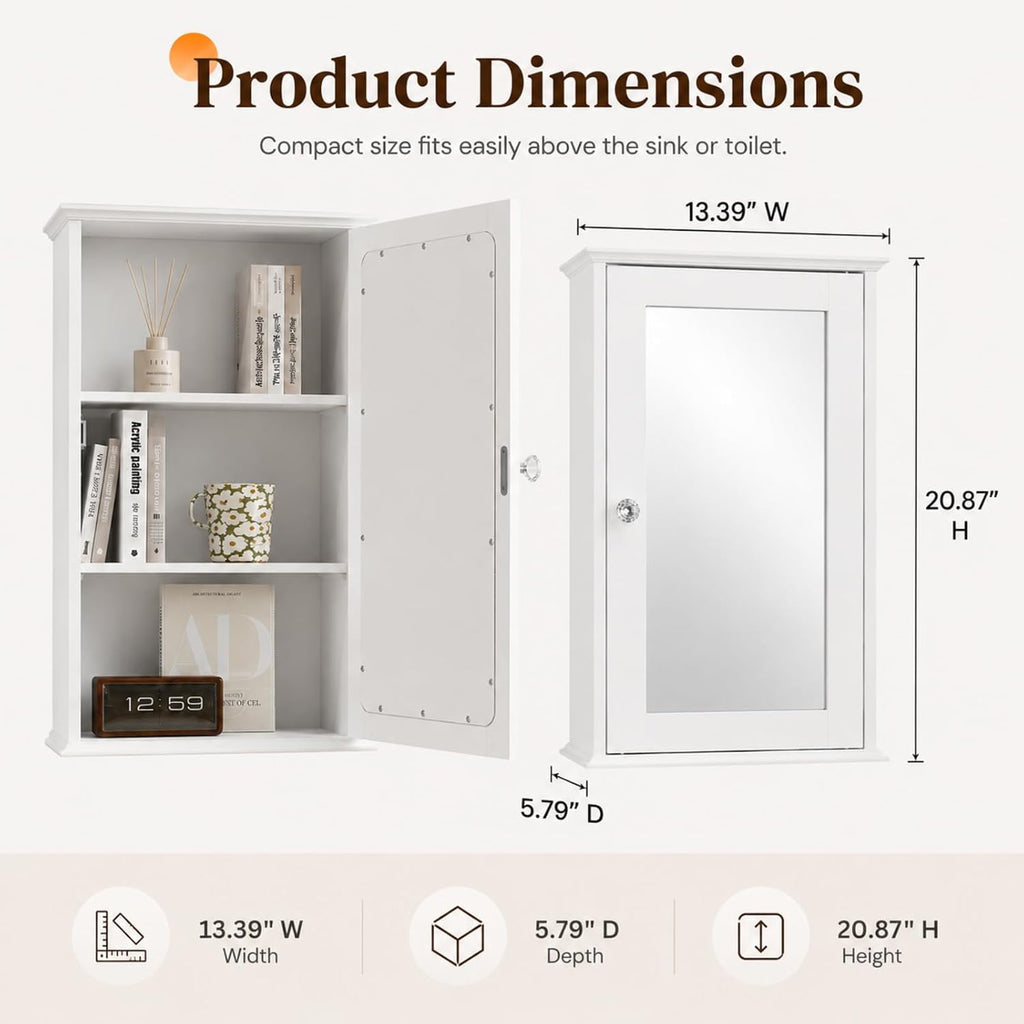 Bonnlo White Mirrored Medicine Cabinet, Wall Mounted Bathroom Storage Cabinet with Mirror Door, Adjustable Shelves & Magnetic Closure, Small Bathroom Organizer for Over Toilet or Sink