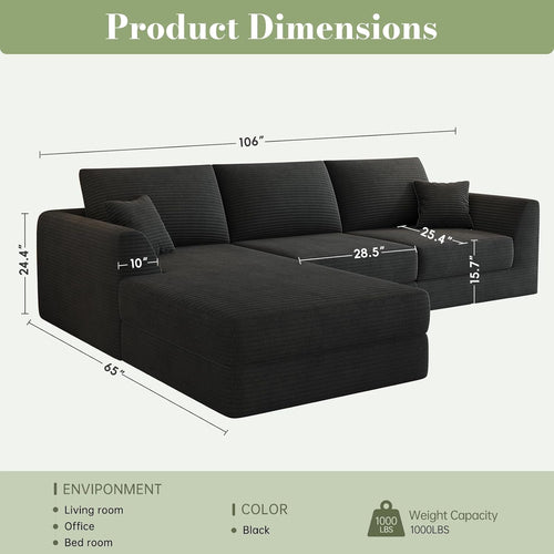 106” Modular Sectional Sofa, Cloud Sectional Couch with Deep Seat, Modern Modular L-Shape Sofa Couch with Chaise,Upholstered Boneless Couches for Living Room Bedroom No Assembly Required