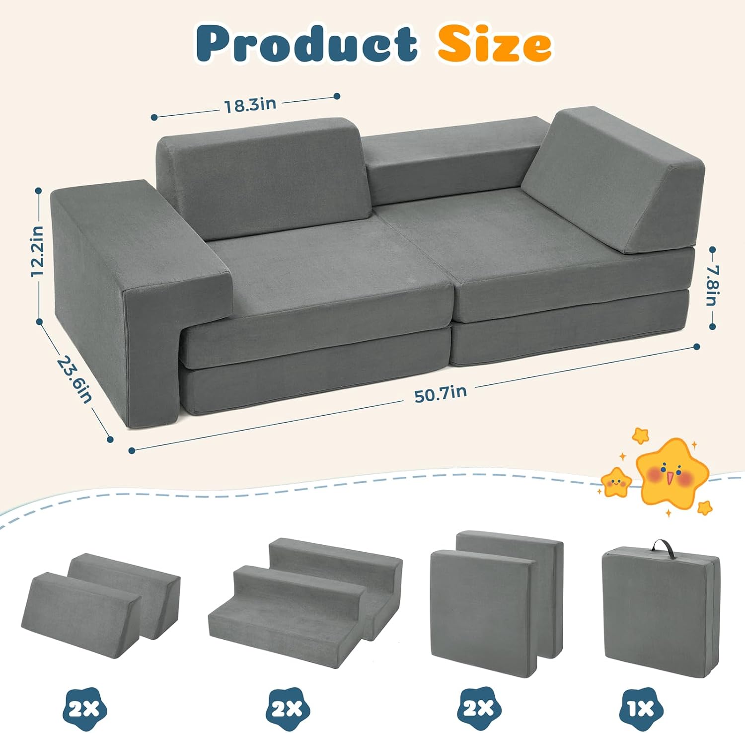 Modular Kids Play Couch, Toddler Sectional Sofa, Versatile Child Furniture for Playroom Bedroom, Convertible Foam and Floor Cushion for Boys and Girls