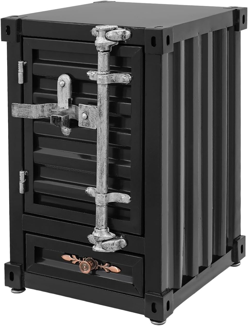 Industrial Metal Container Side Table with Drawer and Password Lock, 3-Tier Storage Cabinet with 2 Compartments, Black End Table for Living Room Bedroom Office Garage, Compact (Black)