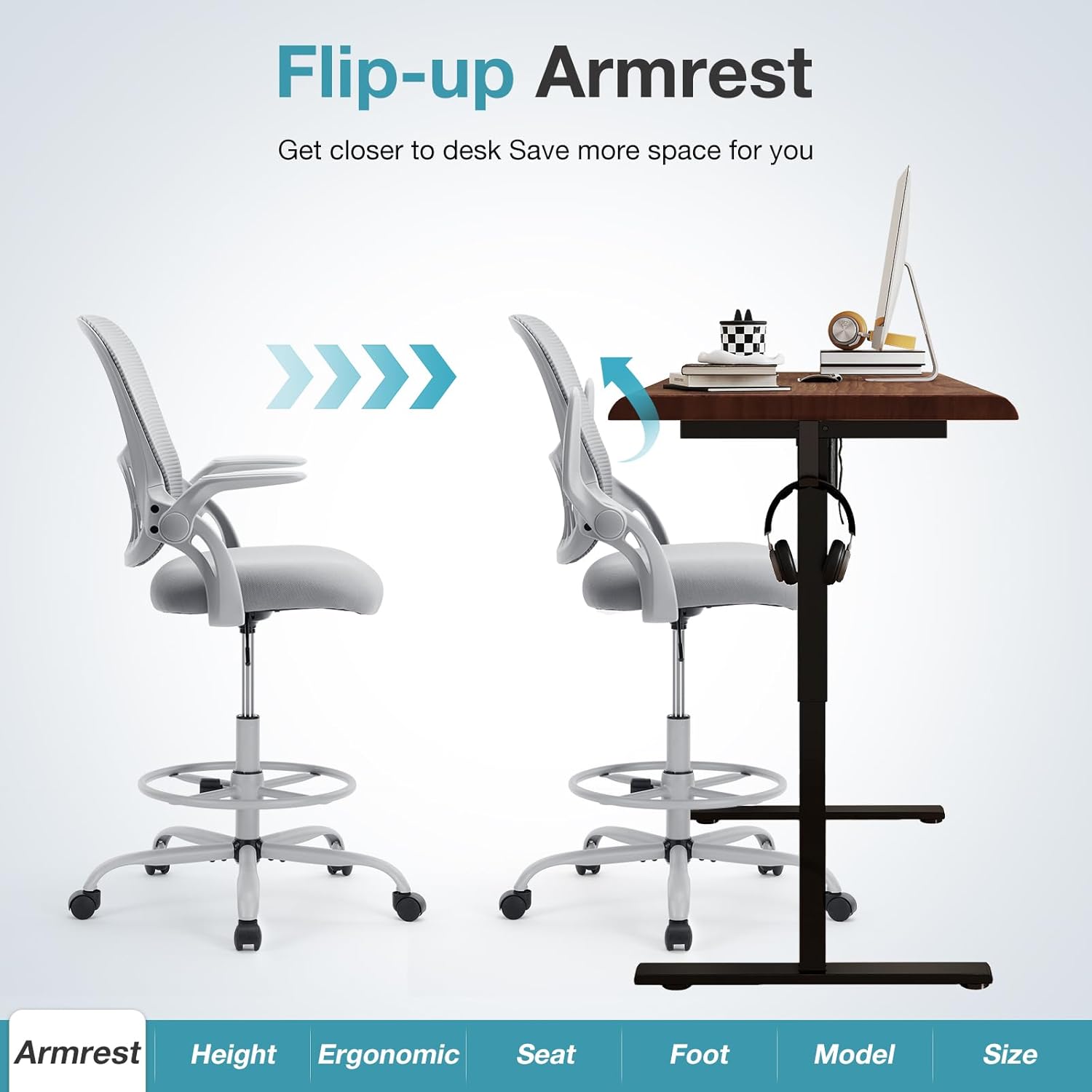 Drafting Chair Tall Office Chair for Standing Desk Counter Height Adjustable, Egronomic Lumbar Support with Flip Up Armrest, Footrest, Rolling, Grey, 1pc