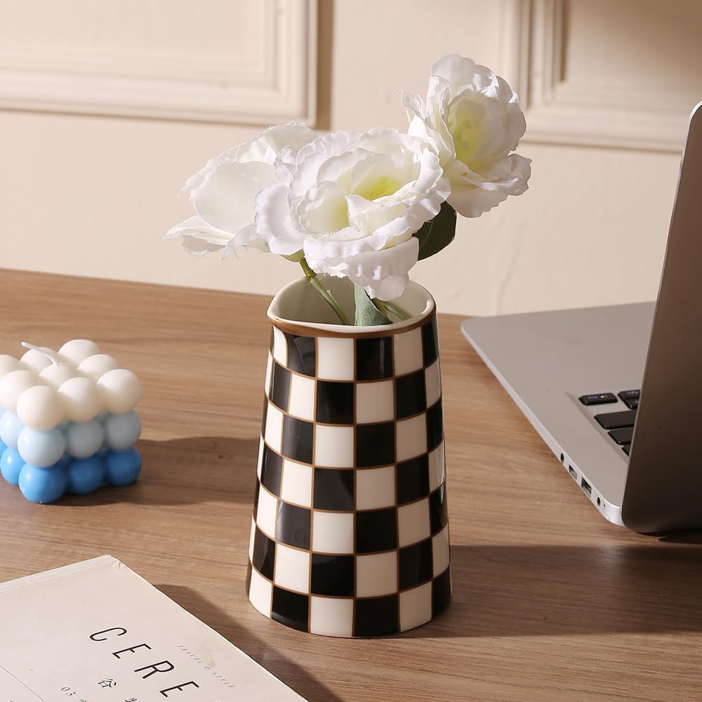 Porlien Checker Porcelain Flower Vase Home Decor Set of 2 with 5.5' High and 8' High Small Indoor Flower Bottles