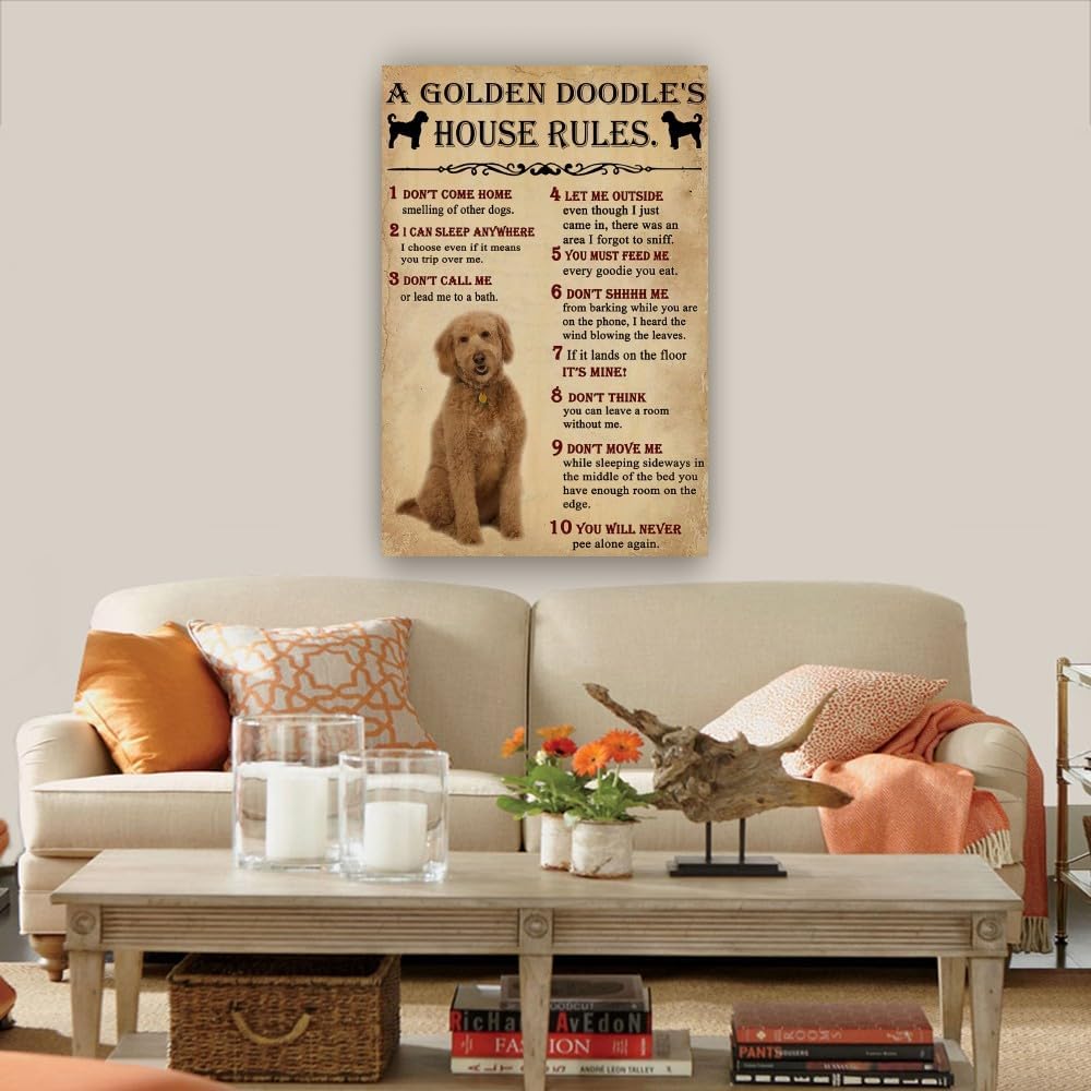 Panfegzi Golden Doodle Dog House Rules Retro Poster Wall Art Pictures for Bedroom Deco Home Canvas Colouring Painting Decoration Print Artwork Giclee (16.00''x24.00'',Unframed)