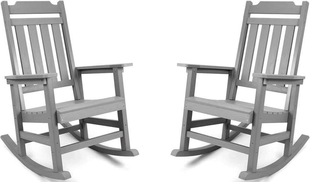 Rocking Chairs Set of 2, All Weather Resistant Poly Lumber Outdoor Porch Rocker, Rocking Chairs for Outdoor, Indoor, Patio, Deck, Garden, Backyard, Load Bearing 380 lbs - Grey