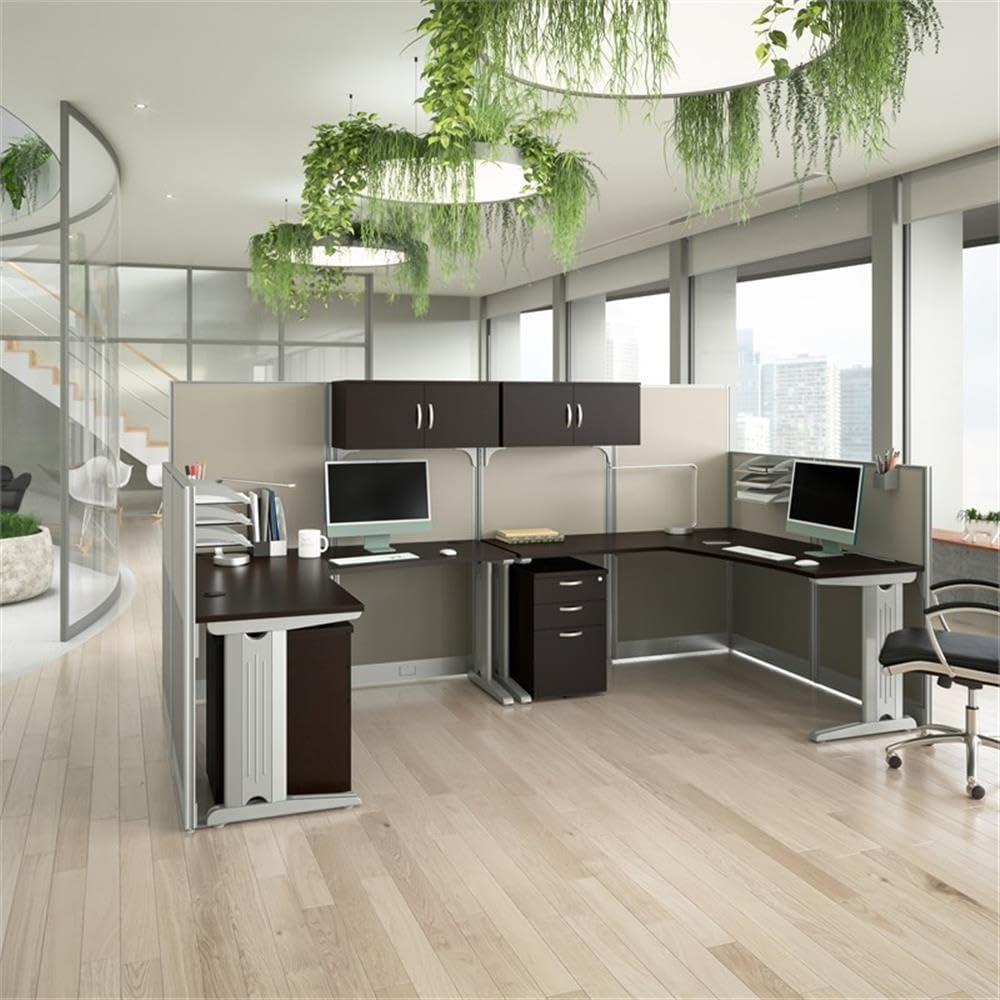 Bush Business Furniture Office in an Hour 2 Person L Shaped Cubicle Desks with Storage, Drawers, and Organizers in Mocha Cherry, Double Workstation Set with Privacy Panels