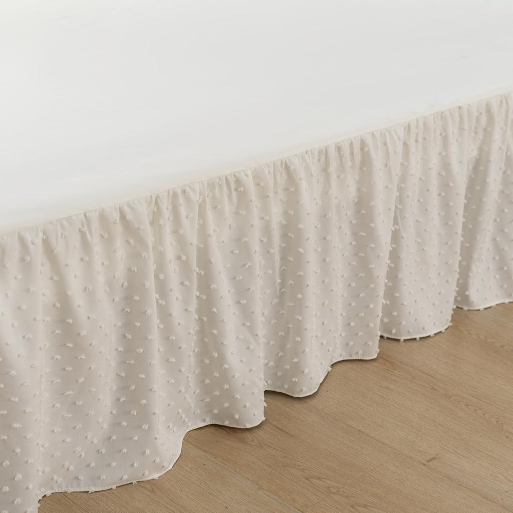Tufted Dot Bed Skirt Queen Size Ruffled Bed Skirt with Split Corners, 14 Inch Drop Dust Ruffle Bed Skirts with Platform, Ivory