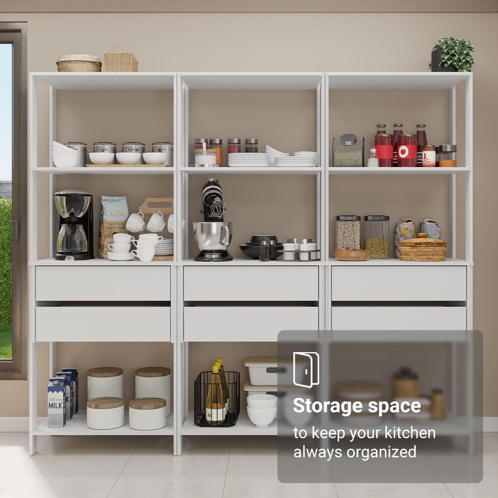 Madesa Kitchen Pantry Storage Rack with 6 Drawers and Open Shelves 82" L Multiuse Modular Cabinet for Kitchen Organization (White)