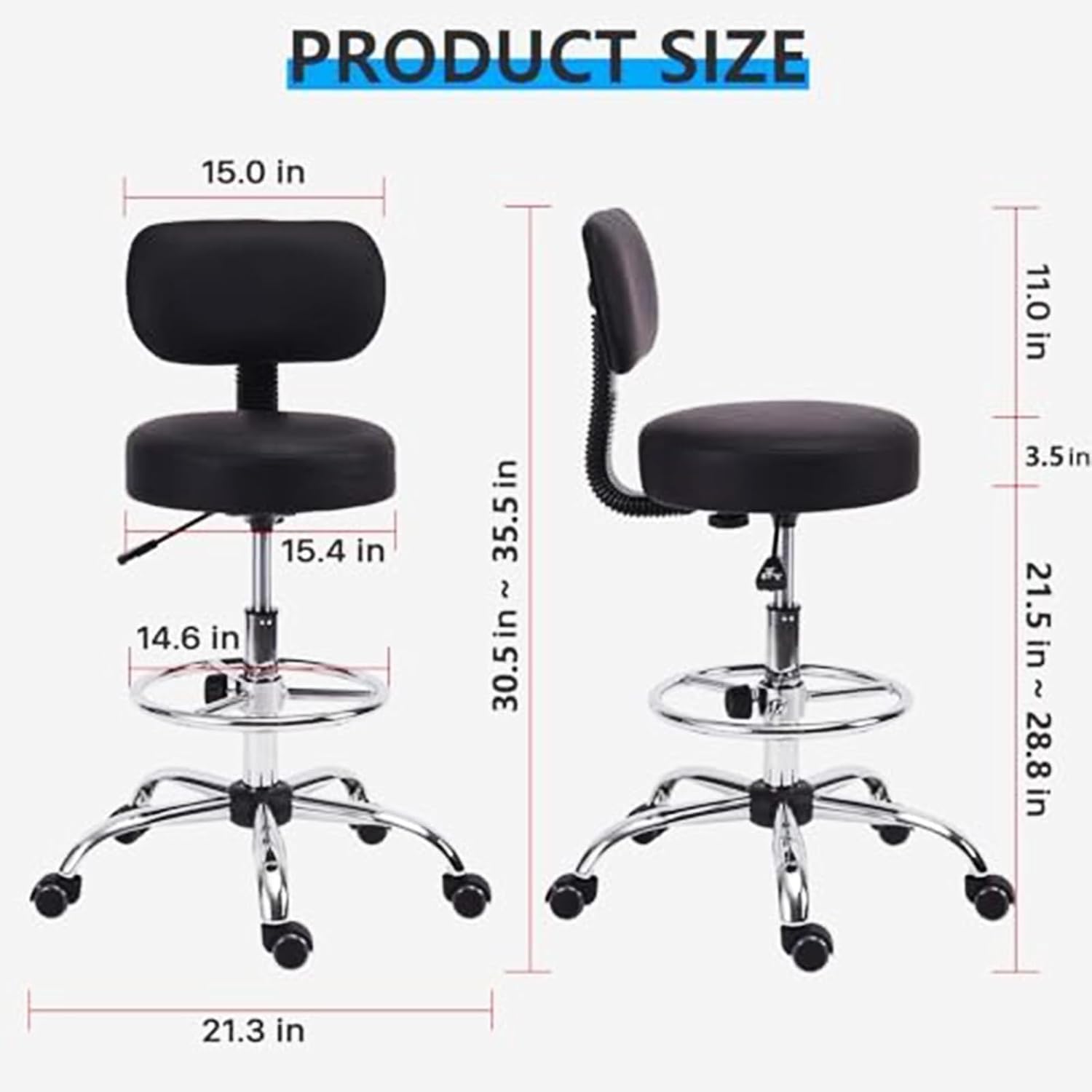 KLASIKA Drafting Swivel Chair with Back Support and Adjustable Footrest Rolling Stool, Multi-Purpose Office Desk Chair for Bar Kitchen Shop, Black