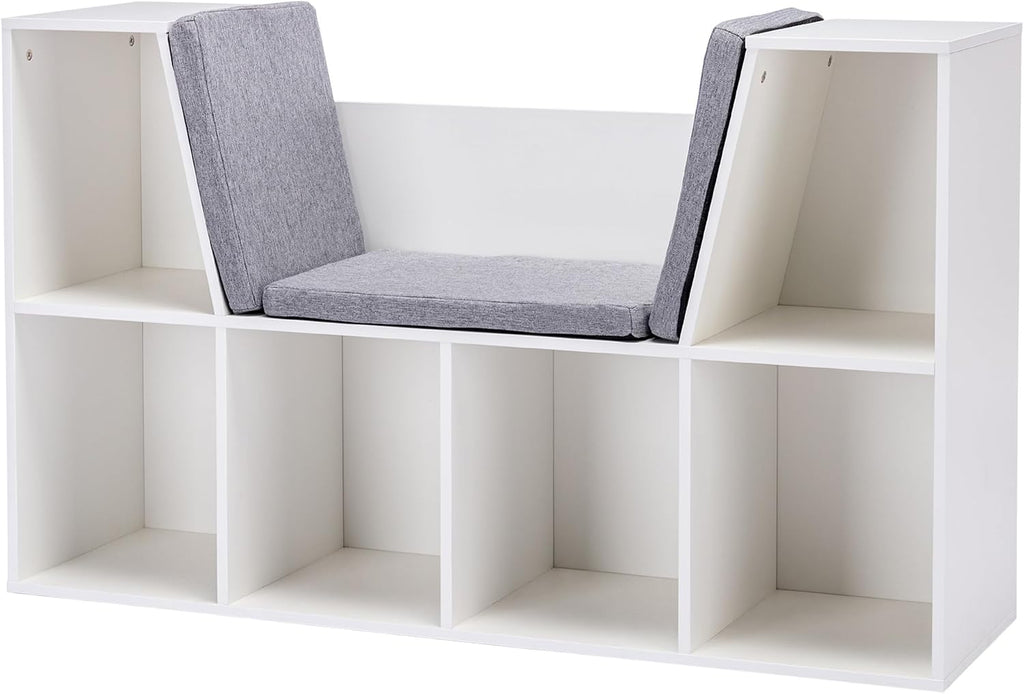 6 Cubby Bookcase with Reading Nook and Cushion, Multi Purpose Storage Organizer for Bedroom, Living Room, Pure White